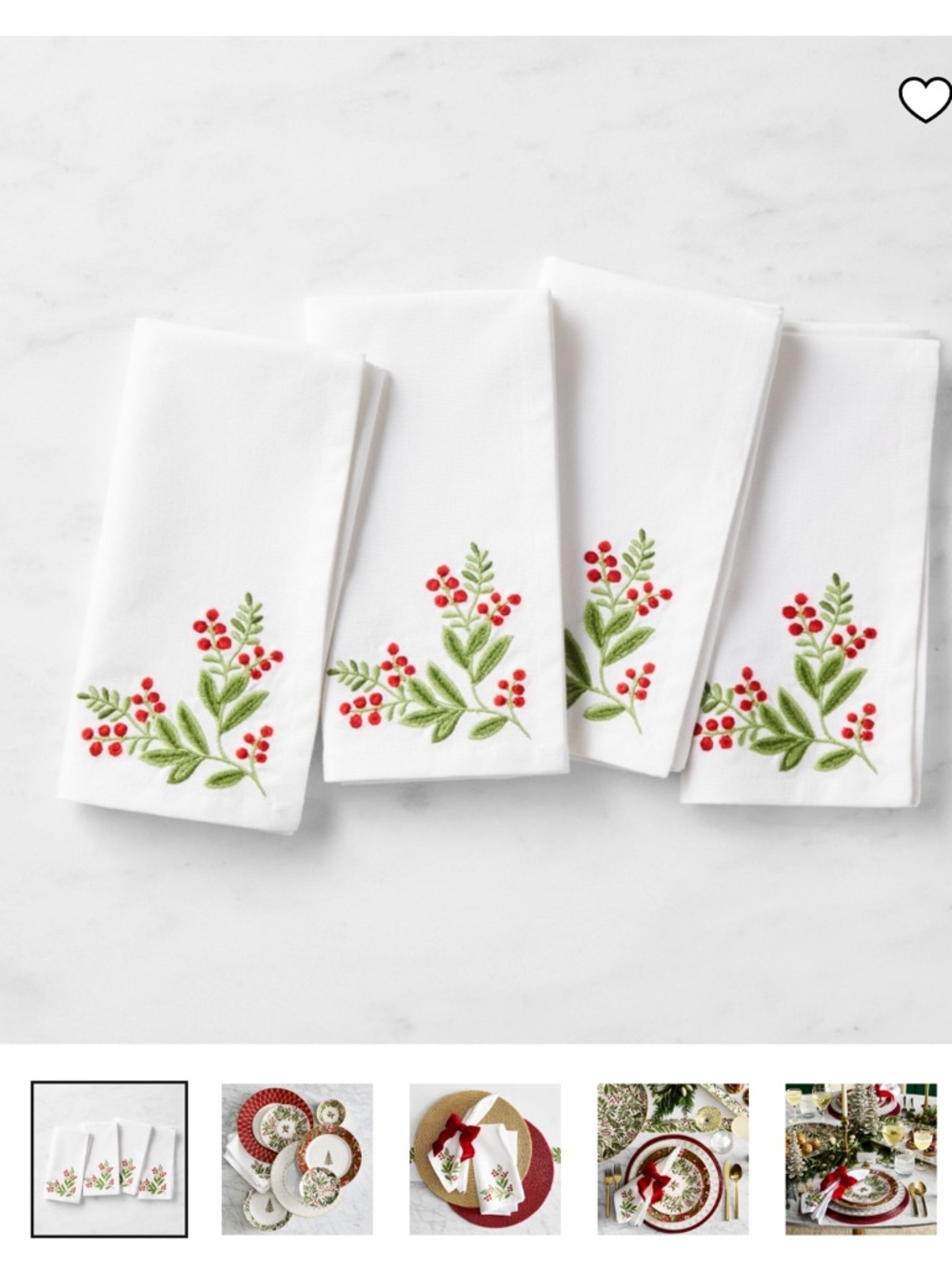 Williams Sonoma Noel Garland Embroidered Napkins‎ Set 4 White Christmas Holiday